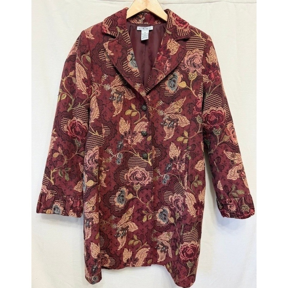 Cabi Women's Jacket Coat Tapestry Floral‎ Burgundy Red Cotton Blend Boho Style